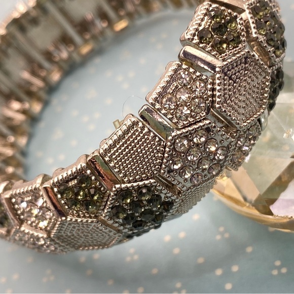 Wide Chunky Rhinestone Silver Tone Stretch Bracelet - Picture 3 of 7